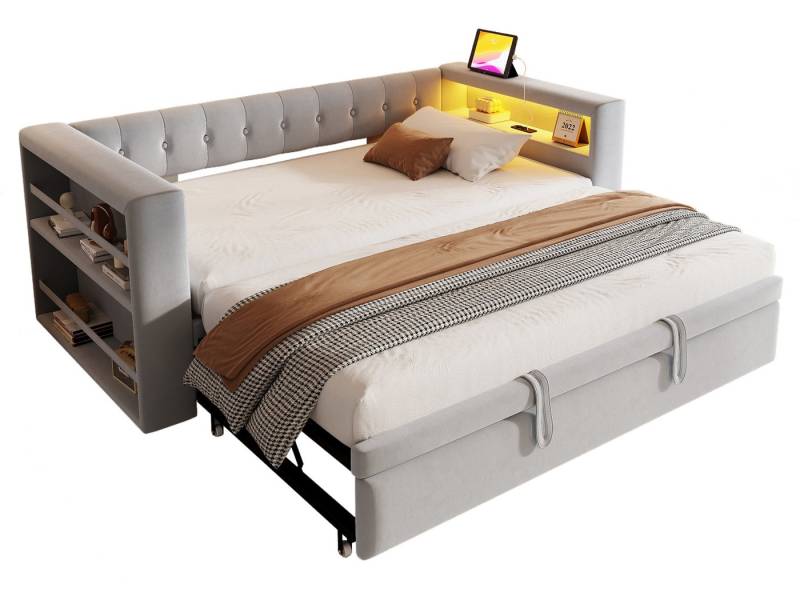 SeedWave Polsterbett Modernes LED Tagesbett mit Ausziehbett, Ladefunktion, 90-180 × 190cm, Gästebett beinhaltet Ablagen an beiden Seiten SeedWave Polsterbett Modernes LED Tagesbett mit Ausziehbett, Ladefunktion, 90-180 × 190cm, Gästebett beinhaltet Ablagen an beiden Seiten von SeedWave