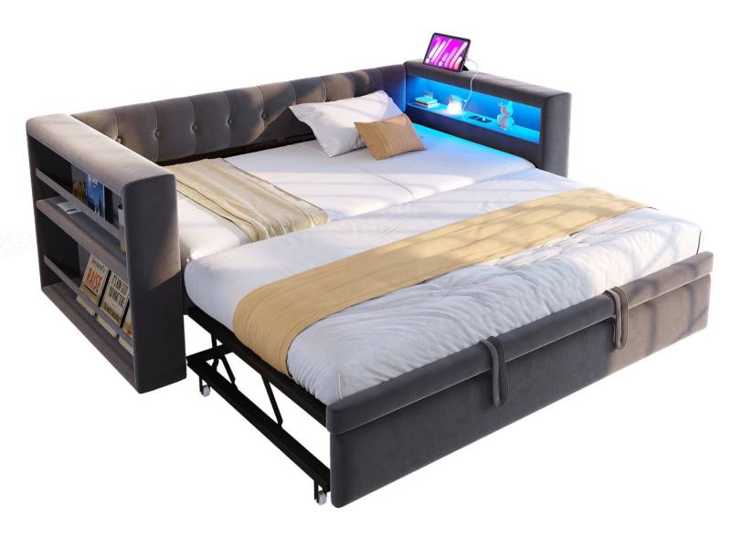 SeedWave Polsterbett Modernes LED Tagesbett mit Ausziehbett, Ladefunktion, 90-180 × 190cm, Gästebett beinhaltet Ablagen an beiden Seiten von SeedWave