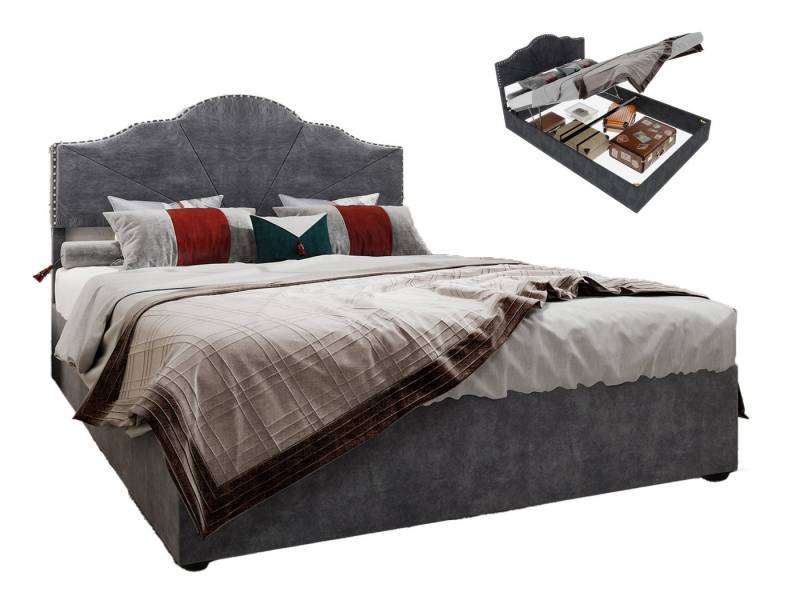 SeedWave Polsterbett Samt Hydraulisches Doppelbett, Kopftel in Wellenform, 140/160×200cm, Stauraum mit Nietenverzierung von SeedWave