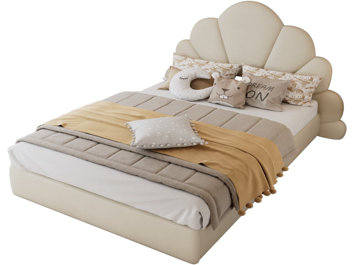 SeedWave Polsterbett Samt Polsterbett Kinderbett mit Blütenförmigem Kopfteil,Antirutschpads, Bodenstehendes Einzelbett 90x200cm / Doppelbett 140x200cm von SeedWave