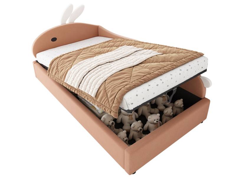 SeedWave Polsterbett Samt Tagesbett Hydraulisches Bett mit Häschen-Kopfteil, 90x200cm, Kinderbett mit 1 Verstecker Stauraum darunter von SeedWave