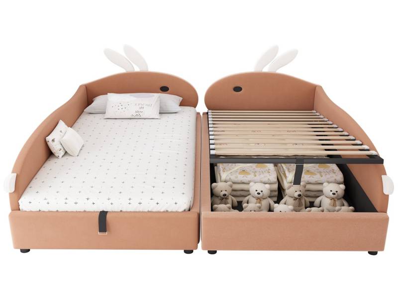 SeedWave Polsterbett Samt Tagesbett Hydraulisches Bett mit Häschen-Kopfteil, 90x200cm, Kinderbett mit 2 Verstecker Stauraum darunter SeedWave Polsterbett Samt Tagesbett Hydraulisches Bett mit Häschen-Kopfteil, 90x200cm, Kinderbett mit 2 Verstecker Stauraum darunter von SeedWave