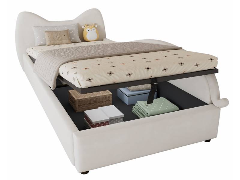 SeedWave Polsterbett Samt Tagesbett Hydraulisches Bett mit Katzenohren-Kopfteil, 90x200cm, Kinderbett mit 1 Verstecker Stauraum darunter von SeedWave