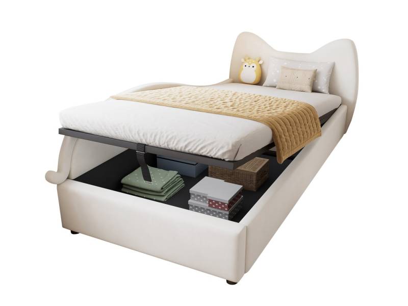 SeedWave Polsterbett Samt Tagesbett Hydraulisches Bett mit Katzenohren-Kopfteil, 90x200cm, Kinderbett mit 1 Verstecker Stauraum darunter von SeedWave