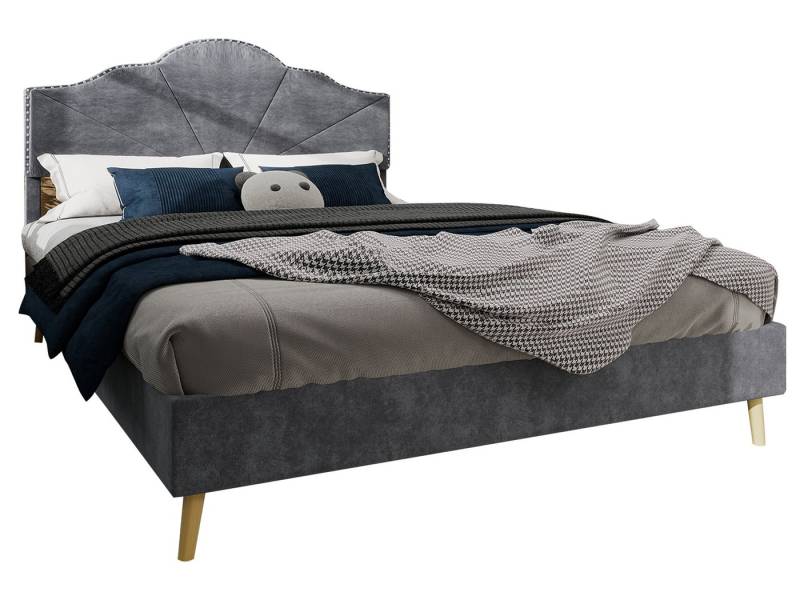 SeedWave Polsterbett Samtstoff Doppelbett, Kopfteil mit Wellen, Nieten-Design,140/160×200cm, Gepolstert mit Memory-Schaum von SeedWave