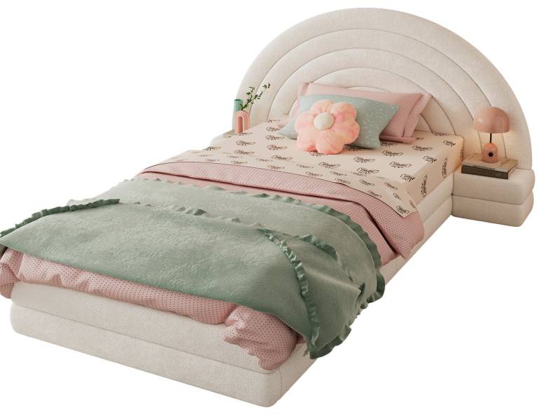 SeedWave Polsterbett Teddystoff Kinderbett mit Regenbogen-Kopfteil, 2 Nachttischen,90x200cm, Bodenstehendes Einzelbett mit Anti-Rutsch-Pads von SeedWave