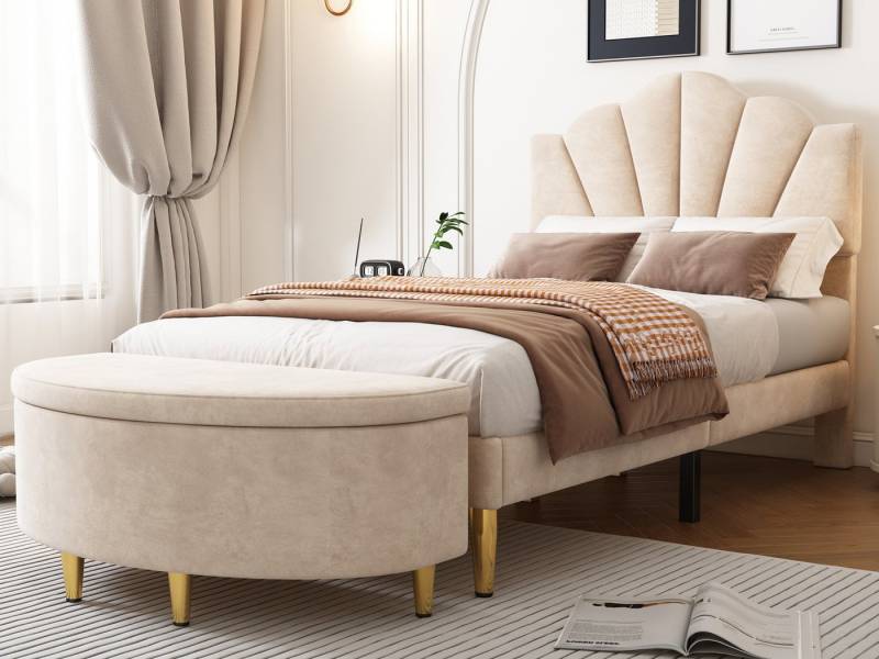 SeedWave Polsterbett mit Samtbezug, Höhenverstellbares Muschel-Kopfteil Goldene Metallbeine, 90/140 x 200 cm Bett mit Stauraum-Bank Set von SeedWave
