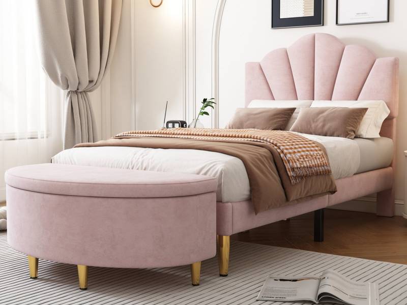 SeedWave Polsterbett mit Samtbezug, Höhenverstellbares Muschel-Kopfteil Goldene Metallbeine, 90/140 x 200 cm Bett mit Stauraum-Bank Set von SeedWave