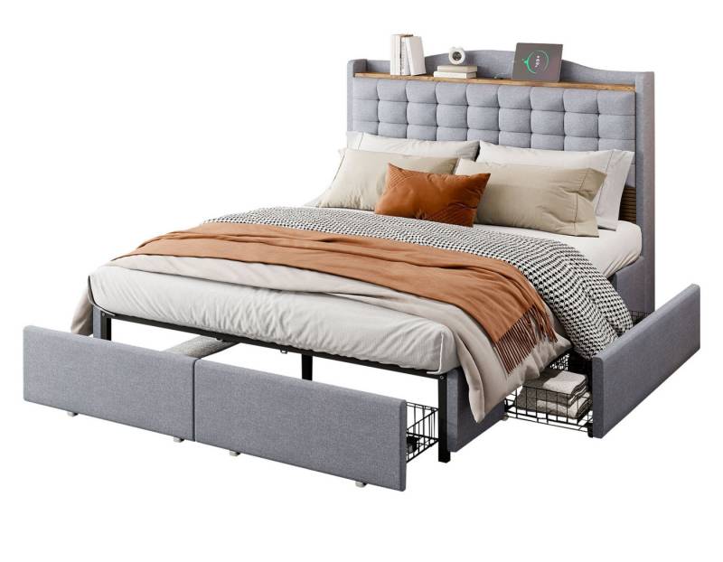 SeedWave Polsterbett mit USB-Ladesteckdose, Doppelbett mit 4 Schublade 140x200 cm, Holzregal,Metallgestell,Leinenstoff Grau von SeedWave