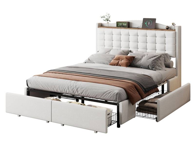 SeedWave Polsterbett mit USB-Ladesteckdose, Doppelbett mit 4 Schublade 140x200 cm, Holzregal,Metallgestell,Leinenstoff Grau von SeedWave