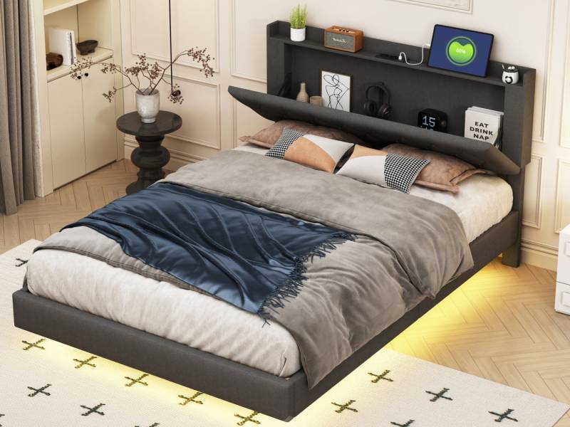 SeedWave Polsterbett mit Verstecktem Stauraum im Kopfteil,140/160 x200 cm, Doppelbett mit USB-Ladeanschluss und LED-Farbwechsel-Lichtleiste von SeedWave