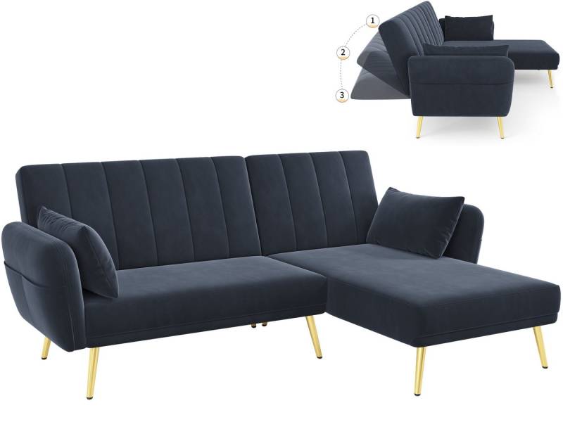 SeedWave Schlafsofa L-Förmiges 3 Sitzer Sofa, Verstellbare Rücklehne mit 3 Liegepositionen, Samt Klappsofa mit Seitentaschen, Recamiere auf Beidseiten installiert von SeedWave