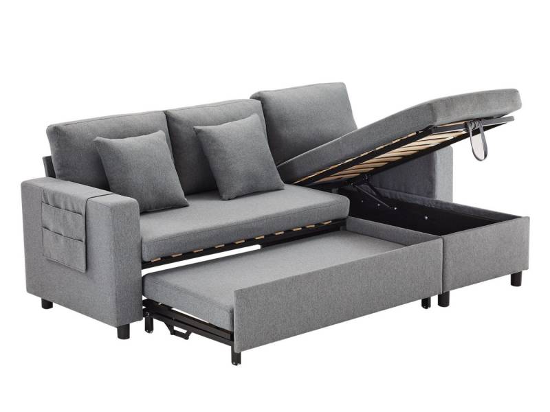 SeedWave Schlafsofa Leinenstoffen Schlafsofa für 3-4 Personen, Ecksofa und Bett in Einem, Polstersofa mit Chaiselongue, Seitenfach und Stauraum von SeedWave