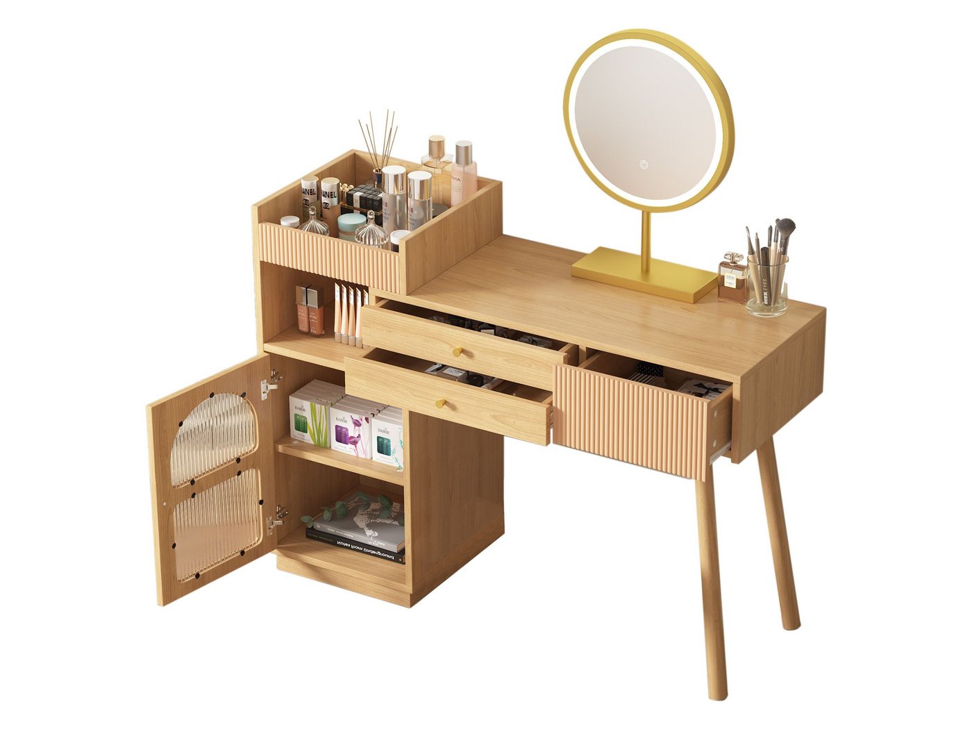 SeedWave Schminktisch mit Rundspiegel, verstellbare LED-Beleuchtung, 3 Schubladen & Schrank mit Rillenglastür, Vintage-Design von SeedWave