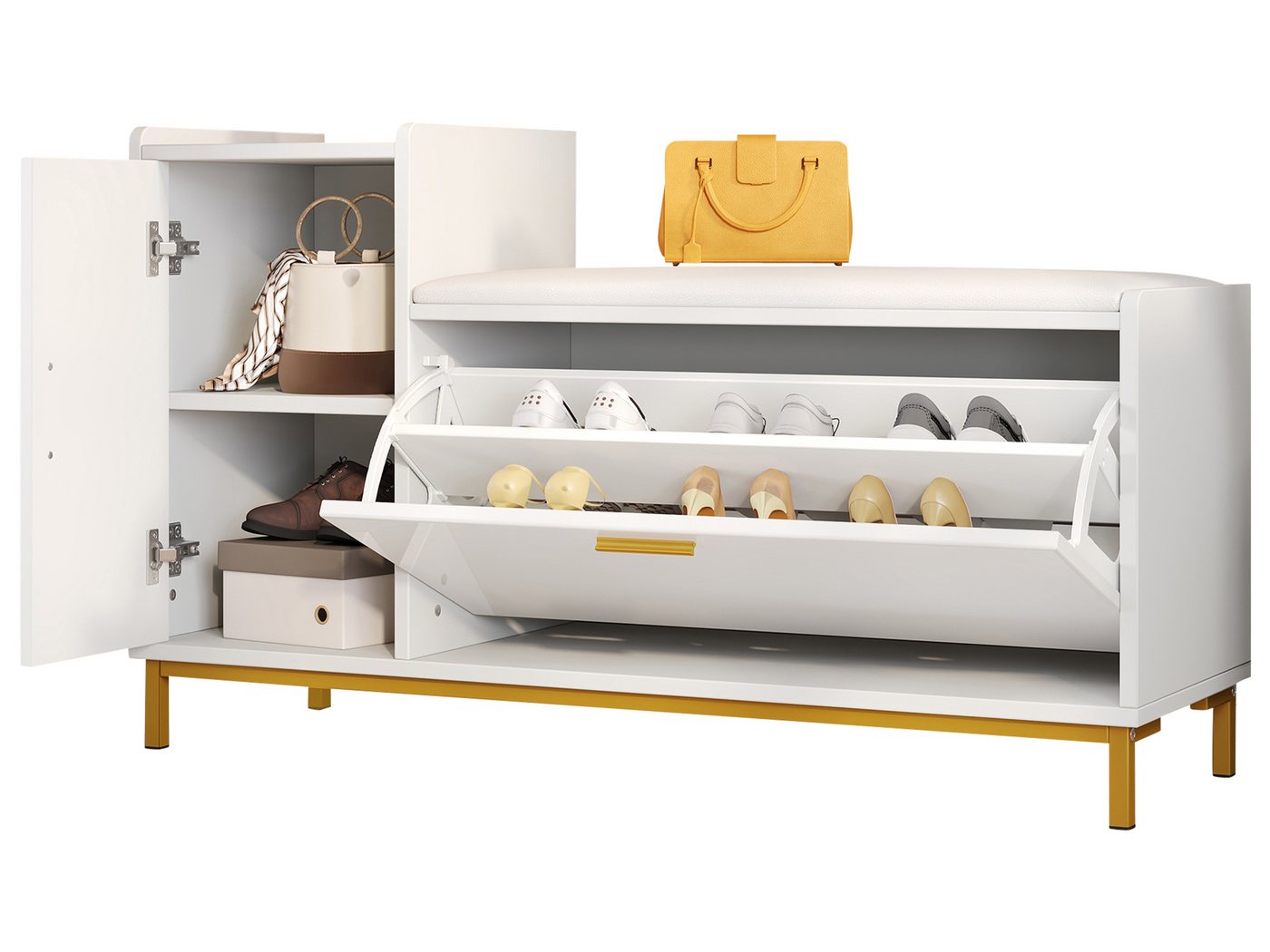 SeedWave Schuhschrank Schuhkipper mit Hochglanzfronten, Staufächern, Sitzbank mit Kissen Metallfüße, Kippschutz-Set SeedWave Schuhschrank Schuhkipper mit Hochglanzfronten, Staufächern, Sitzbank mit Kissen Metallfüße, Kippschutz-Set von SeedWave