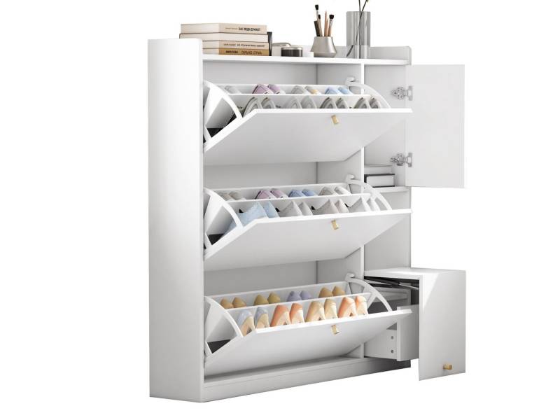 SeedWave Schuhschrank mit klappbarem Sitzhocker, für bis zu 26 Paar, 3 Klappenfächer geschlossener Stauraum, 24cm Tiefe, Kippschutz, modernes Design von SeedWave
