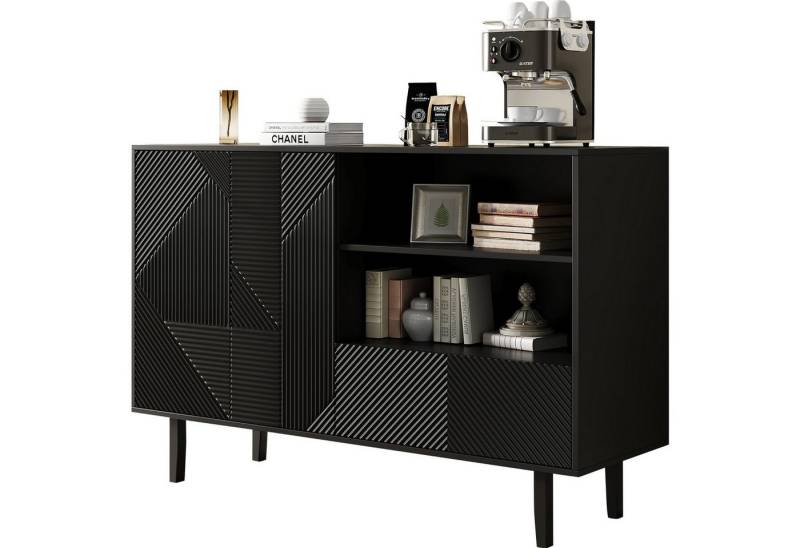 SeedWave Sideboard Allzweck Griffloses Sideboard Anti-Kipp Mattschwarze Kommode, Doppeltüren, 1 Schubladen, 2 offene Fächer, verstellbar Einlegeböden von SeedWave