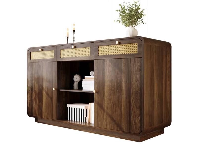 SeedWave Sideboard Allzweck Kommode, 3 Schubladen mit Geschmücktem Rattan, 2 Schranktüren, 4 geschlossene Staufächer inkl. höhenverstellbare Einlegeböden von SeedWave