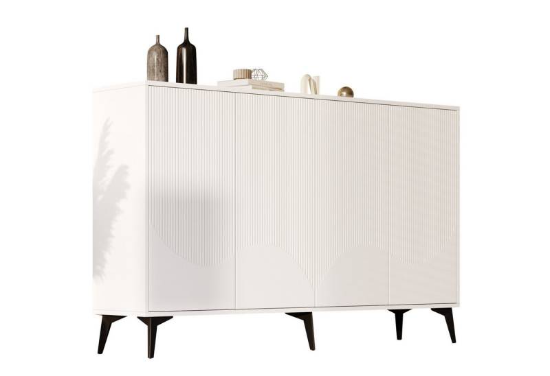 SeedWave Sideboard Geschnitzter Vielseitiger Schrank, Side Board mit 4 grifflose Türen, Grifflose Türen mit Rückprallaufstellung, Metallfüßen von SeedWave
