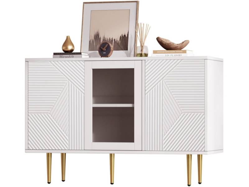 SeedWave Sideboard Grifflose Kommode Kunstlerisches Sideboard mit Geometrischen Mustern, Türen mit Rückprallstellsetzung, Eingelassenem Glas für Präsentation von SeedWave