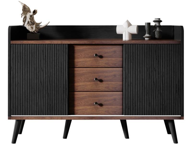 SeedWave Sideboard Moderne Gestreifte Kommode Schrank mit Schiebetüren und Schubladen, Verstellbare Einlegenböden, Schutzgeländer zum Rausfallschutz von SeedWave