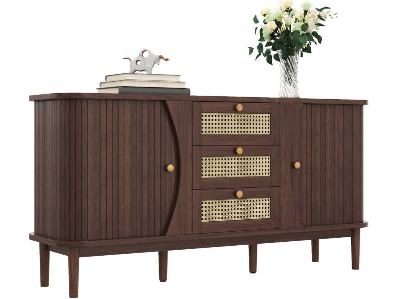 SeedWave Sideboard Multifunktionale Kommode mit 2 Schiebetüren und 3 Rattan-Schubladen, Schiebetüre ohne Einlegeboden, luftdurchlässige Schubkäste von SeedWave