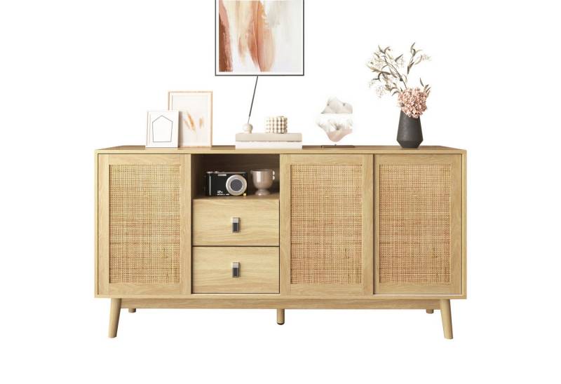 SeedWave Sideboard Retro Kommode mit 1 Offenem Fach, 2 Schubladen, 3 Rattan-Schiebetüren, Ausreichender Stauraum, Ratten-Schiebetüren für gute Atmungsaktivität von SeedWave