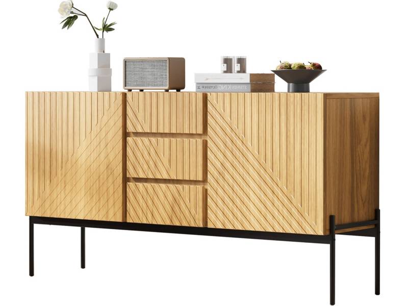 SeedWave Sideboard Vielseitige Grifflose Gestreifte Kommode mit Schranktüren, Schubladen, 3 Schubladen, 4 geschlossene Fächer mit verstellbaren Einlegeböden von SeedWave