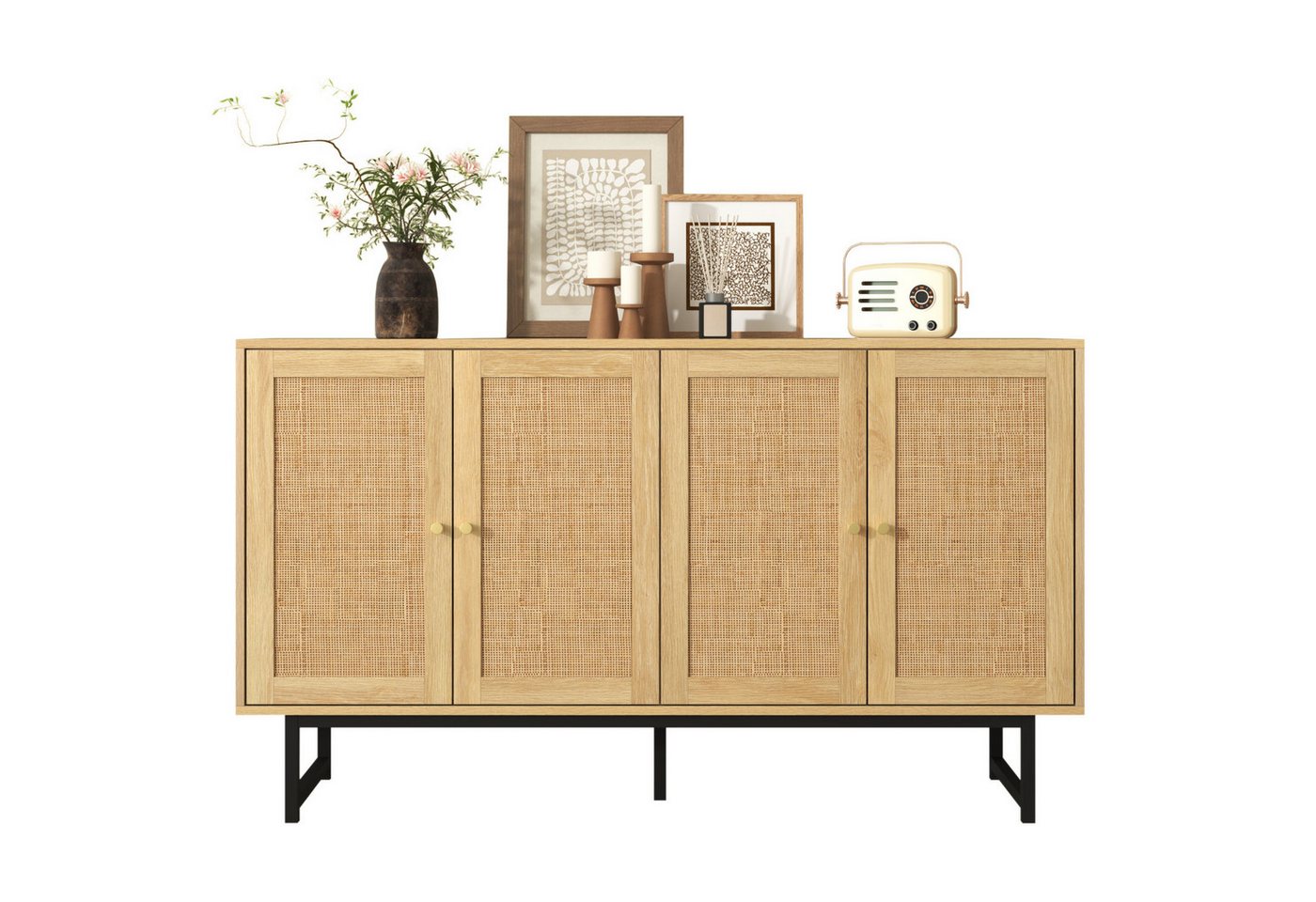 SeedWave Sideboard Vielseitige Kommode, 4 Schiebetüren mit Rattan Draußen Geschmückt, Echte Rattan, Verstellbare Einlegeböden, Stabile Metallbeine von SeedWave