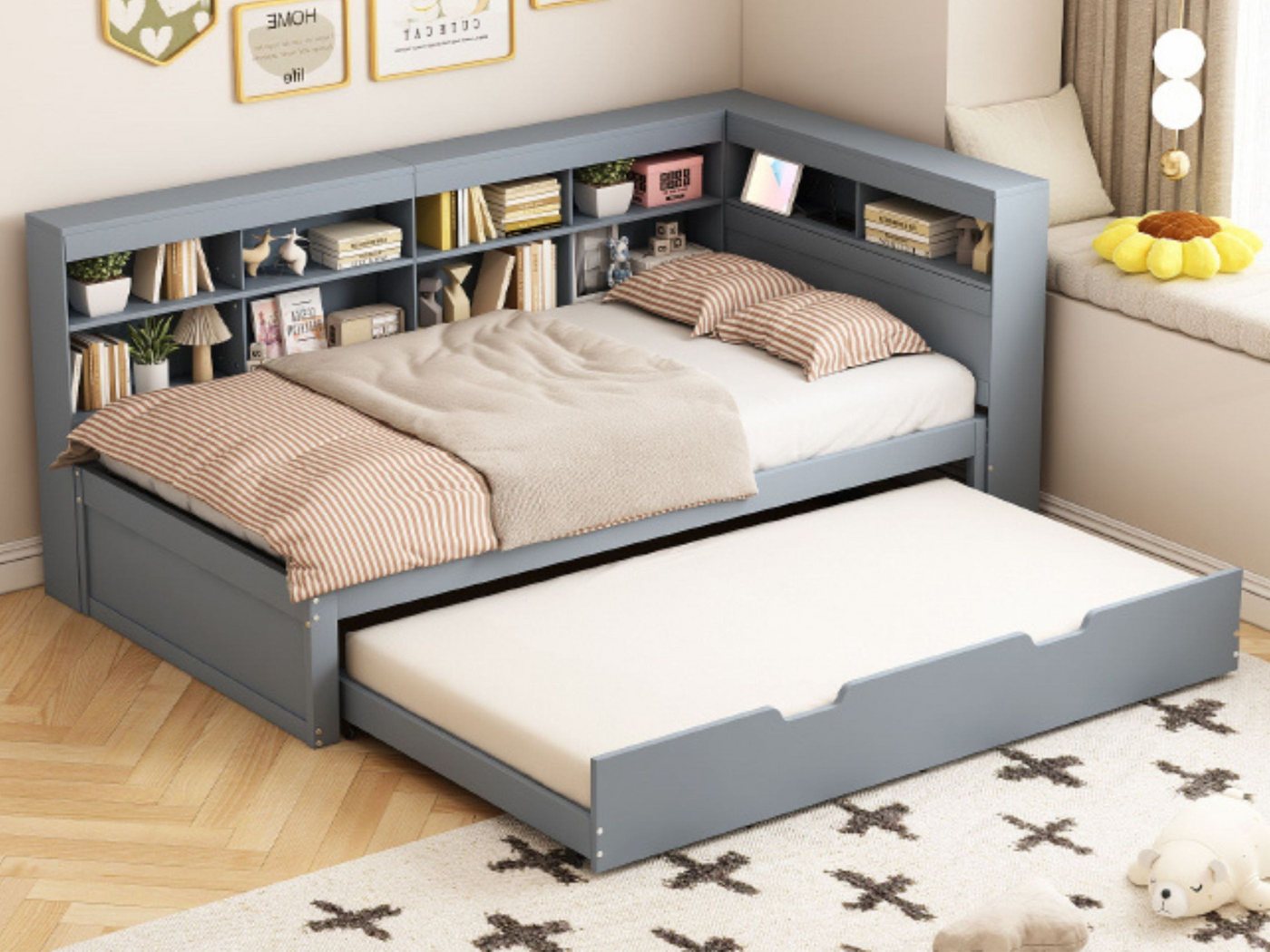 SeedWave Stauraumbett Multifunktionales Kinderbett 90x200cm mit USB-Anschlüssen, Platzsparendes Einzelbett mit Regalen von SeedWave