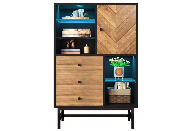 SeedWave Vitrine 12-farbiger LED Vitrinenschrank, Mehrzweckschrank mit Glasböden Verstellbare 12-farbige LED, offene Glasvitrine von SeedWave
