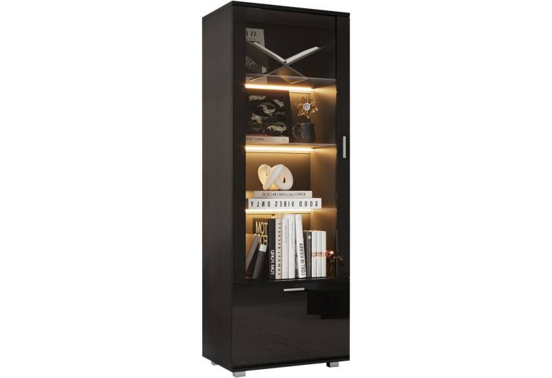 SeedWave Vitrine LED Acrylglas-Vitrinenschrank in hochglänzendem Schwarz mit 5 Fächern Einstellbare Licht-Farbe/Helligkeit/Modi, 3 gehärtete Glasregale von SeedWave