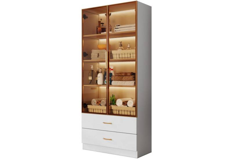 SeedWave Vitrine Vielseitger Hochschrank Glasvitrine mit Schubladen, Lichtstreifen Stauschrank mit Wandbefestigung und Kabeldurchführung von SeedWave