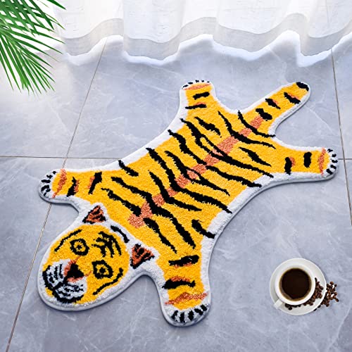 Tigerförmiger Teppich, Tiger-Badematte für Badezimmer, gelber Tigerteppich, Fußmatte, rutschfest, Cartoon-Tierdruck, Teppich, saugfähig, Badewannenteppich, Schlafzimmer, 100.3x59.9 cm von Seek4comfortable
