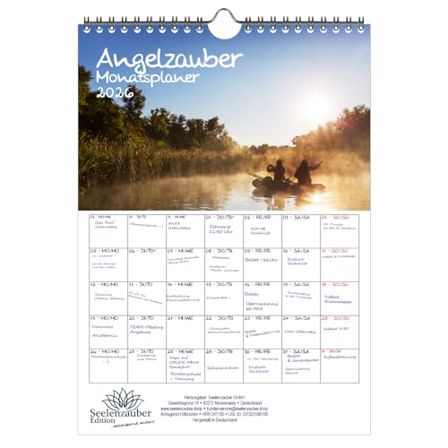 Angelzauber Planer DIN A4 Kalender für 2026 angeln und fischen - Geschenkset Inhalt: 1x Kalender, 1x Weihnachtsanhänger (insgesamt 2 Teile) von Seelenzauber