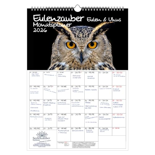 Eulenzauber Eulen und Uhus Planer DIN A3 Kalender für 2026 - Geschenkset Inhalt: 1x Kalender, 1x Weihnachtsanhänger (insgesamt 2 Teile) von Seelenzauber