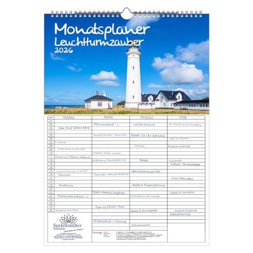 Leuchtturmzauber Planer Familienplaner 4 Spaltenplaner DIN A3 Kalender Querformat für 2026 Küste Meer Leuchtturm Leuchttürme - Seelenzauber von Seelenzauber