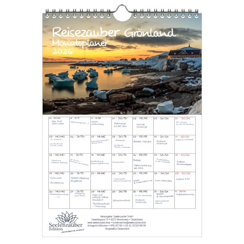 Reisezauber Grönland Planer DIN A4 Kalender für 2026 Nuuk Stadt Reise Land Urlaub - Geschenkset Inhalt: 1x Kalender, 1x Weihnachtsanhänger (insgesamt 2 Teile) von Seelenzauber