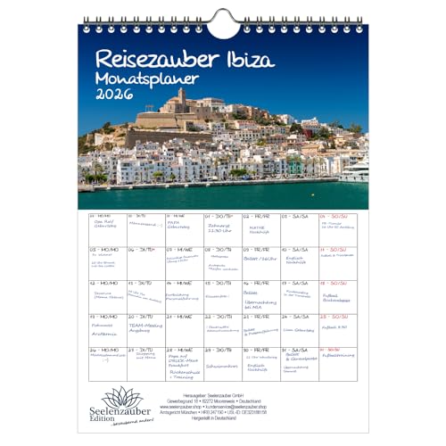 Reisezauber Ibiza Planer DIN A4 Kalender für 2026 Eivissa Urlaub Mediterran Spanien - Geschenkset Inhalt: 1x Kalender, 1x Weihnachtsanhänger (insgesamt 2 Teile) von Seelenzauber