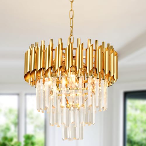 Modern Led Crystal Pendant Light Golden Crystal Chandelier Lights 3-Tier Raindrop Chandelier Light Fixture Flush Mount Ceiling Light for Dining Room Living Room Table Foyer,D40cm E14x4 LED lights von Seenvlog