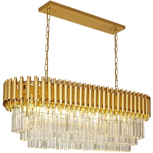 Modern Led Crystal Pendant Light Golden Crystal Chandelier Lights 3-Tier Raindrop Chandelier Light Fixture Flush Mount Ceiling Light for Dining Room Living Room Table Foyer,L100*W30cm… von Seenvlog