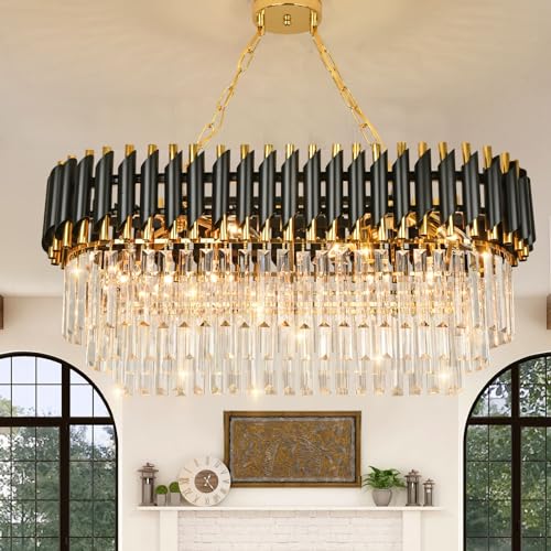 Modern Luxury Crystal Pendant Light Black Golden Crystal Chandelier Lights 3-Tier Raindrop Chandelier Light Fixture Flush Mount Ceiling Light for Dining Room Living Room Table Foyer,L80cm*W30cm von Seenvlog