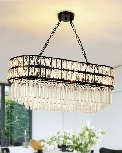 Seenvlog Modern Crystal Pendelleuchte Schwarz Kristall Kronleuchter Lichter 3-Tier Raindrop Kronleuchter Leuchte Oval Deckenleuchte für Esszimmer, über Tisch L75cm x B31cm x H30cm von Seenvlog