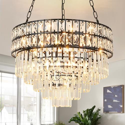Seenvlog Moderne Luxus Kristall Pendelleuchte, schwarzer Kristall Kronleuchter, 5-Tier Raindrop Kronleuchter Leuchte Flush Mount Deckenleuchte für Esszimmer, Φ55cm von Seenvlog