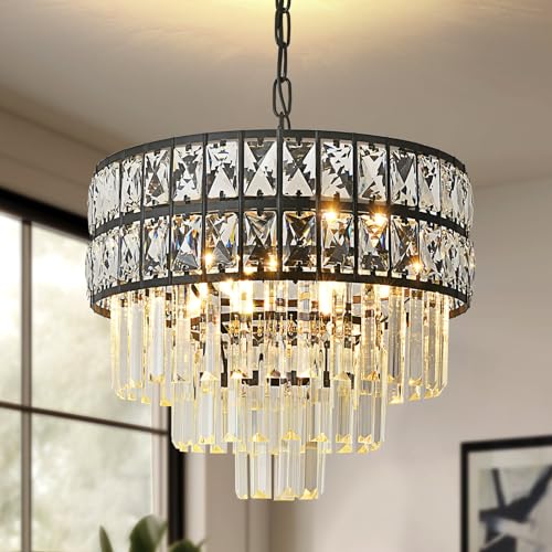 Seenvlog Moderner schwarzer Kristall-Kronleuchter, Φ40cm Kristall-Pendelleuchte, zeitgenössischer Küchen-Kronleuchter Runde Hängeleuchte für Esszimmer Wohnzimmer Schlafzimmer Eingang Treppenhaus von Seenvlog