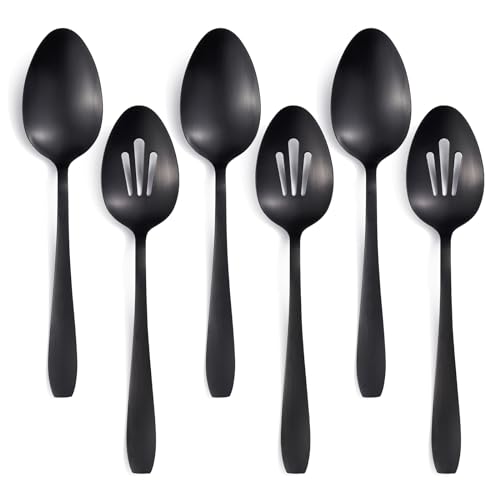 Seeshine 6-teiliges Servierlöffel Groß - 3 Servierlöffel und 3 Geschlitzte Löffel, 27 cm Mattes Schwarz Salatbesteck Edelstahl, Servierbesteck spülmaschinenfest für Küche Buffet von Seeshine