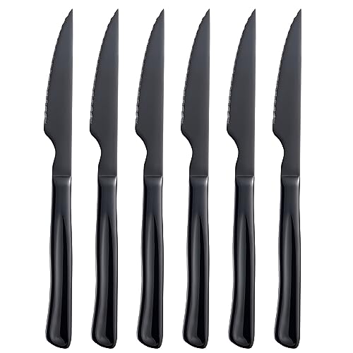 Seeshine Schwarz Steakmesser Set, 6-teiliges Edelstahl Küchenmesser Set & Küchenutzenmesser, 22 cm gezackte Steakmesser, Essmesser, scharfes Messer mit ergonomischen Griffen von Seeshine