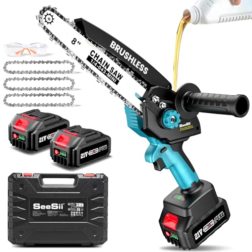 SEESII 8-Zoll Bürstenlose Mini-Kettensäge mit 2×4000mAh Batterien, Akku Kettensäge mit Automatischem Öler, 3,2 lbs Leichtgewicht, Ideal für Holzschneiden, Baumschnitt und DIY-Projekte von Seesii
