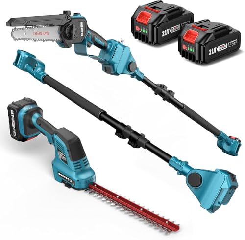 SEESII 6-In-1 Mini Kettensäge & Akku Heckenschere Set, mit 2 * 4000mAh Akkus, Hochentaster mit Teleskopstange, Maximale Reichweite bis zu 4,57m von Seesii
