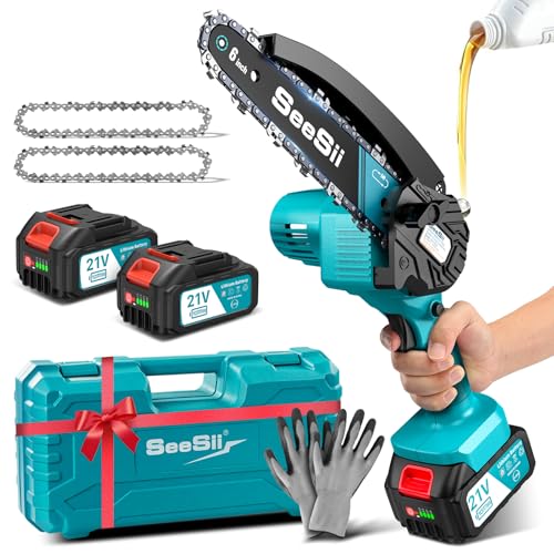 SEESII Mini Kettensäge mit Akku 6 Zoll, 2 x 4000mAh Akku Kettensäge mit Automatischer Öler und Ersatzkette, Handkettensäge Akku für Gartenscheren Astschere Holzschneidenz von Seesii